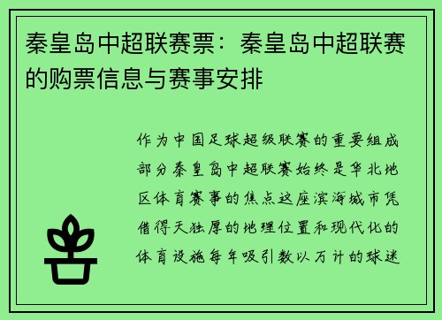 秦皇岛中超联赛票：秦皇岛中超联赛的购票信息与赛事安排